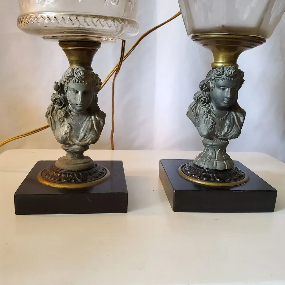 2 Antique Oil Electric Lamps Female Bust Spelter Metal Black & Brass Base Glass